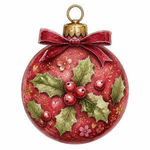 May include: A round red Christmas ornament featuring a hand-drawn illustration of green holly leaves and red berries. The ornament is topped with a gold cap, a hanging loop, and a dark red ribbon bow. Small pink flowers and hearts decorate the surface.