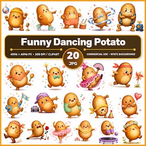 Pode incluir: Uma coleção de 20 ilustrações digitais apresentando batatas antropomórficas em várias poses e trajes, incluindo dançarinos, músicos e temas de festa. O texto "Funny Dancing Potato" é exibido claramente no topo da imagem.