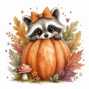 Puede incluir: Una ilustración en acuarela de un mapache gris y blanco con un lazo naranja de lunares en la cabeza, apoyando sus patas sobre una gran calabaza naranja. La escena incluye hojas de otoño en tonos marrones, rojos y verdes y una pequeña seta roja.