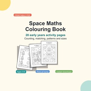Libro da colorare di matematica spaziale in formato PDF stampabile, attività sui numeri per la scuola materna, pagine di conteggio per i primi anni di vita.