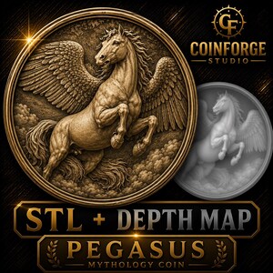 May include: A circular bronze-toned coin featuring a relief of a winged horse, Pegasus, in flight above clouds. To the right is a grayscale version of the same coin. Text reads COINFORGE STUDIO, STL + DEPTH MAP, and PEGASUS MYTHOLOGY COIN.