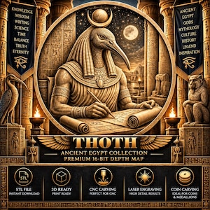 May include: A digital graphic featuring the Egyptian deity Thoth with an ibis head, writing on a scroll. The image includes text: KNOWLEDGE WISDOM WRITING SCIENCE TIME BALANCE TRUTH ETERNITY, ANCIENT EGYPT GODS MYTHOLOGY CULTURE HISTORY LEGEND INSPIRATION, THOTH, ANCIENT EGYPT COLLECTION, PREMIUM 16-BIT DEPTH MAP, STL FILE, 3D READY, CNC CARVING, LASER ENGRAVING, COIN CARVING.
