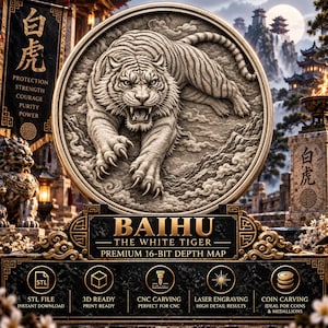 Pode incluir: Uma placa circular em relevo com um tigre branco detalhado em pose de salto. O texto diz BAIHU THE WHITE TIGER PREMIUM 16-BIT DEPTH MAP, juntamente com ícones e etiquetas para STL FILE, 3D READY, CNC CARVING, LASER ENGRAVING e COIN CARVING.