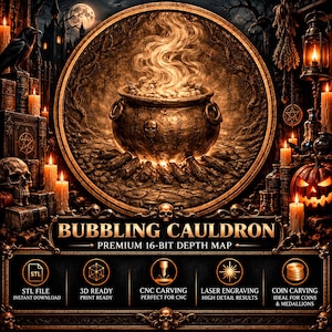 Op de afbeelding: Een digitale afbeelding met een centraal cirkelvormig reliëf van een borrelende ketel boven een vuur, omringd door schedels, kaarsen en een pompoen. De tekst luidt BUBBLING CAULDRON PREMIUM 16-BIT DEPTH MAP, met iconen voor STL, 3D, CNC, laser en muntgraveren.