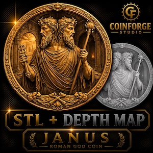 Op de afbeelding: Een goud- en zilverkleurig rond muntontwerp met de tweekoppige Romeinse god Janus, die een scepter vasthoudt en een lauwerkrans draagt. De tekst luidt COINFORGE STUDIO, STL + DEPTH MAP en JANUS ROMAN GOD COIN. Het ontwerp is zeer gedetailleerd.