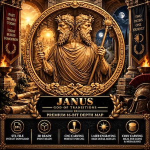 May include: A digital graphic featuring a golden relief of the two-faced god Janus within a circular frame. Text reads: JANUS GOD OF TRANSITIONS PREMIUM 16-BIT DEPTH MAP. Includes icons for STL file, 3D ready, CNC carving, laser engraving, and coin carving.