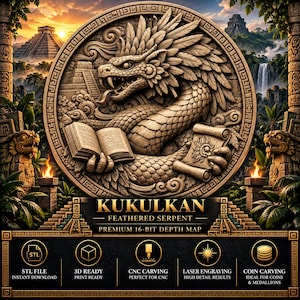 May include: A circular relief carving of the feathered serpent Kukulkan holding an open book and a scroll. The text reads KUKULKAN FEATHERED SERPENT PREMIUM 16-BIT DEPTH MAP, with icons for STL FILE, 3D READY, CNC CARVING, LASER ENGRAVING, and COIN CARVING.