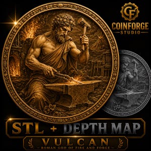 Vulcan Coin STL | Roman God of Fire & Forge Relief | cnc Coin STL | 16-Bit Depth Map | Blacksmith STL | Wood Carving File