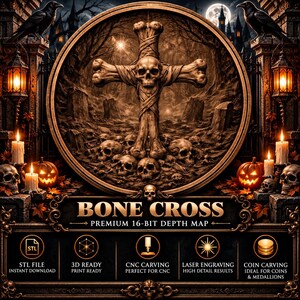 Op de afbeelding: Een cirkelvormige digitale afbeelding met een centraal kruis van botten en een schedel, omringd door een kerkhof met raven, lantaarns en pompoenen. De tekst luidt BONE CROSS PREMIUM 16-BIT DEPTH MAP, met iconen voor STL, 3D, CNC en lasergravure.
