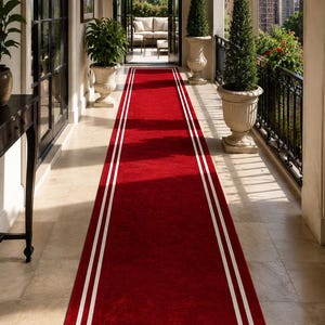 Peut inclure: Un long tapis de couloir rectangulaire rouge orné d'une double bande blanche sur tout son pourtour. Le tapis est placé au centre d'un sol carrelé de couleur claire, s'étendant du premier plan vers une porte ouverte en arrière-plan.