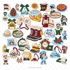 Retro Ski Clipart, Alpine Cabin PNG, Flat Vector Vintage Ski Chalet Weekend: 100 PNG and SVG, Sticker Ready (Digital Download)