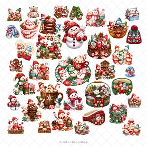 Snowman Cocoa Workshop Watercolor Clipart Bundle: 100 Transparent and Sticker-Ready PNGs (Digital Download)