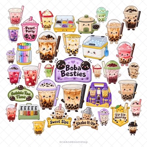 Könnte beinhalten: Eine Sammlung bunter Cartoon-Aufkleber mit Bubble-Tea-Bechern mit lächelnden Gesichtern, Boba-Perlen, Tee-Zubereitungsgeräten und Textelementen wie Boba Besties, Bubble Tea Time, Sweet Sips, Shake It Up und Sip Sip Hooray.