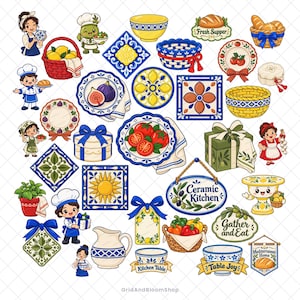 Vektor Clipart-paket med medelhavsinspirerat kök: 100 PNG-, SVG-, EPS- och klistermärkesklara designer (digital nedladdning)