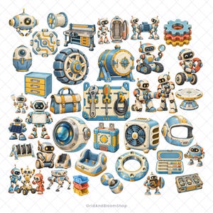 Aquarell-Clipart-Bundle „Orbital Robot Repair Lab“: 100 PNG-, SVG-, EPS- und Sticker-fertige Designs (Digitaler Download)