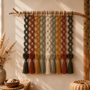 May include: A macrame wall hanging suspended from a natural wooden branch, featuring vertical rows of knotted cord in shades of dark green, rust orange, mustard yellow, and cream, each ending in a textured pom-pom and a long, straight tassel.