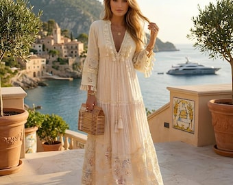 Boho Elegant Maxi Dress for Women, Floral Lace Beach Party Dress, Flowy Vacation Outfit, Romantic Summer Dress, Resort Wear Bridesmaid Dress