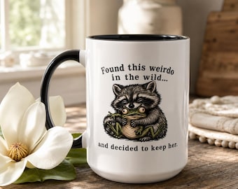 Tvättbjörnsgrodaillustrationsmugg, nyckfull naturkeramisk kaffekopp