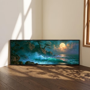 Panoramisch mystiek kustlandschap op canvas, olieverfschilderij van een maanverlichte oceaan, smaragdgroene golven, hemels zeegezicht als decoratie
