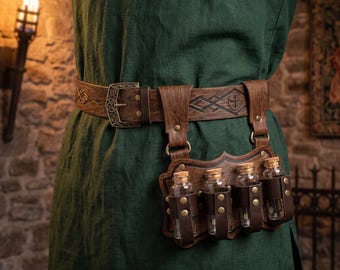 Medieval Alchemy Belt with Potion Vials, Embossed Faux Leather Buckle Belt, Wizard Costume Accessory