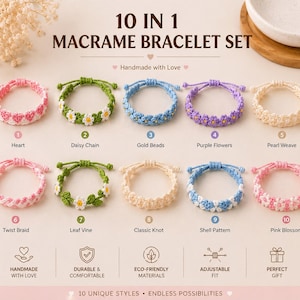 10 in 1 Macrame Bracelet Set, Boho Floral Friendship Styles (PDF Pattern)