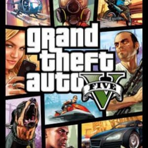May include: A Grand Theft Auto V video game cover art featuring a collage of scenes including a helicopter, a gas mask, a motorcycle, a woman, a man with a weapon, a barking dog, a jet ski, and a black sports car with the game title text.