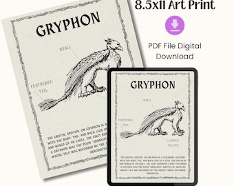 Gryphon Anatomy Art Printable - Vintage Fantasy Creature Print - Dark Academia Wall Decor, Mythological Monster Diagram PDF Digital File
