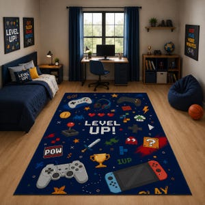 Level Up Gaming Rug, Pixel Gamer Room Carpet, Video Game Controller Area Rug, Kids Room Decor