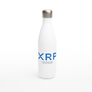 May include: A white stainless steel water bottle with a metallic silver cap. The front features the blue XRP logo with the text "IT CAN'T BE GET CHEAP" printed in small black letters directly underneath the logo on the bottle's surface.