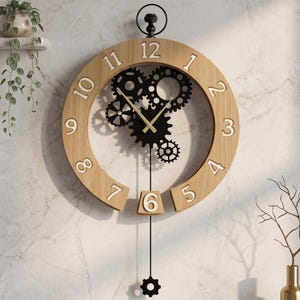 Übergroße Steampunk-Wanduhr aus Holz mit Zahnraddesign | Industrielles Pendeldekor mit offenem Zifferblatt