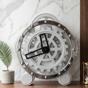 Industrial Mechanical Table Clock Moving Exposed Gears Steampunk Desk Decor Silver Skeleton Mantel Timepiece Modern 27cm