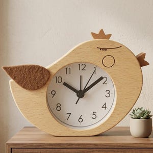 Può includere: Un orologio in legno chiaro a forma di uccellino con un'ala in feltro marrone, un quadrante bianco con numeri e lancette neri, una piccola corona sulla parte superiore e un occhio disegnato con un tratto semplice. Finitura in legno naturale.
