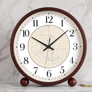 Reloj con mapa del mundo, diseño de mesa de madera vintage con movimiento de cuarzo silencioso.