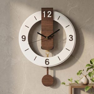 Farmhouse Clock, Two-Tone Wooden Pendulum Design, 11-Inch Modern Wall Decor