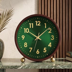 Mid-Century Wooden Desk Clock: Emerald Green Dial, Gold Numbers, Brass Feet