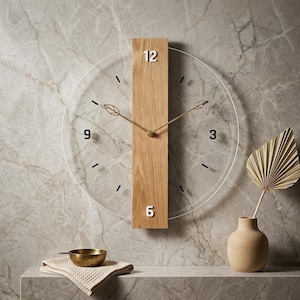 Large Natural Wood Panel Wall Clock, Modern Minimalist Timepiece with Gold Leaf Hands, Farmhouse Decor