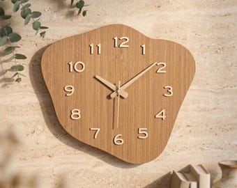 Wood Wall Clock, Organic Shape with Raised Numbers, 2.3 cm Slim Profile