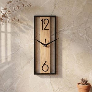 Relógio de parede retangular de madeira | Moldura minimalista de metal | Decoração vertical moderna industrial | Relógio único