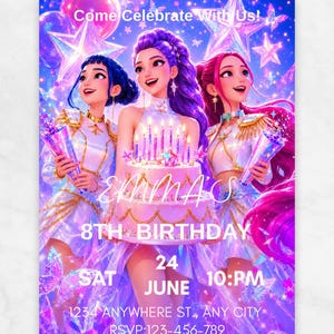 Può includere: Un invito di compleanno digitale con tre personaggi animati in abiti bianchi e oro che tengono coni da festa. Una torta rosa con candele è centrata. Testo: Come Celebrate With Us! EMMA'S 8TH BIRTHDAY 24 JUNE SAT 10:PM 1234 ANYWHERE ST., ANY CITY RSVP:123-456-789.