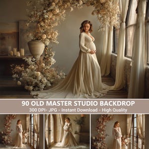 May include: A digital photography backdrop featuring a pregnant person in a long cream-colored gown standing before a large floral arch. The image includes text reading 90 OLD MASTER STUDIO BACKDROP, 300 DPI- JPG - Instant Download - High Quality.