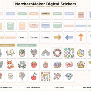 Peut inclure: Un ensemble de stickers numériques intitulé NorthernMaker Digital Stickers comprenant 52 éléments PNG transparents. La collection inclut des étiquettes fonctionnelles, des flèches et des icônes illustrées comme un arc-en-ciel, une lune, un soleil, un papillon, un renard, un hibou et une fraise.