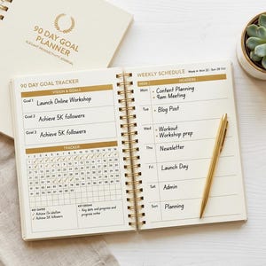Peut inclure: Un agenda à spirales 90 Day Goal Planner avec une couverture crème et du texte doré. Les pages ouvertes affichent un planning hebdomadaire et un suivi d'objectifs sur 90 jours avec des notes manuscrites. Un stylo doré et une plante succulente.