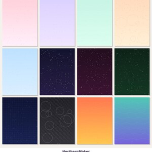 Può includere: Una collezione di dodici sfondi digitali rettangolari con vari colori solidi, sfumature e motivi tra cui stelle, cerchi sottili e linee ondulate. Il testo NorthernMaker è visualizzato nella parte inferiore dell'immagine.
