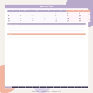 Peut inclure: Une page de planificateur numérique pour janvier 2027 avec une grille de calendrier, une section intitulée OBJECTIFS DU MOIS avec des lignes, et une section NOTES avec des lignes. Le design présente des accents violets et pêche.