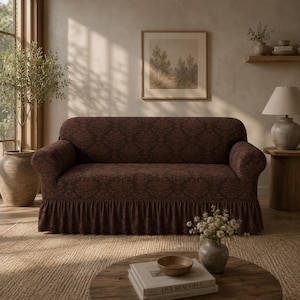 May include: A dark brown sofa cover featuring a repeating damask pattern in a lighter shade of brown. The cover includes rounded armrests and a pleated skirt that extends along the bottom edge, providing a fitted appearance over the sofa frame.