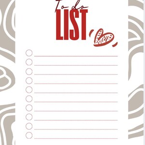 May include: A rectangular to-do list notepad featuring a white center with red text reading To do LIST and a small red heart icon. The page includes ten horizontal lines with circular checkboxes on the left. The border has a beige wavy pattern.