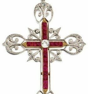 Antique Victorian Ruby Cross Pendant Necklace, Vintage Gold Filigree Crucifix Charm, Art Deco French Cut Ruby Statement Cross, Regal Jewelry