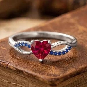 Heart Shaped Ruby Engagement Ring, Silver Infinity Promise Ring, Blue Sapphire Accent Ring, Anniversary Gift for Her, Romantic Jewelry