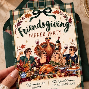May include: A Friendsgiving dinner party invitation card featuring a festive illustration of a turkey and four people wearing sunglasses at a table with food and wine. The text reads Friendsgiving DINNER PARTY, November 22, 6:30 PM, The Smith Home, 123 AUTUMN LANE, RSVP TO KATE BY NOVEMBER 15TH.