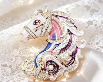 Enamel Pearl Horse Brooch Crystal Animal Lapel Pin